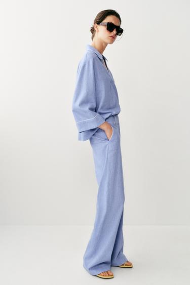 PANTALON LIN DÉTAIL LISERÉS - Bleu clair de Zara - Image 2