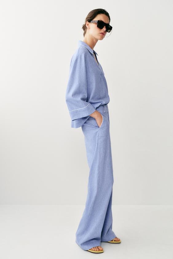 PANTALON LIN DÉTAIL LISERÉS - Bleu clair de Zara - Image 2