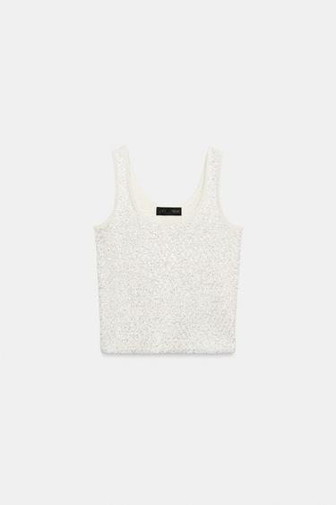 Zara METALLIC THREAD SEQUIN KNIT TOP - Ecru
