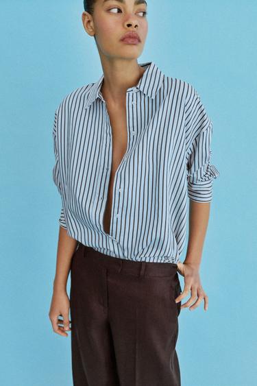 قميص بوبلين مخطط OVERSIZE - أزرق / أبيض الخاص بـ Zara