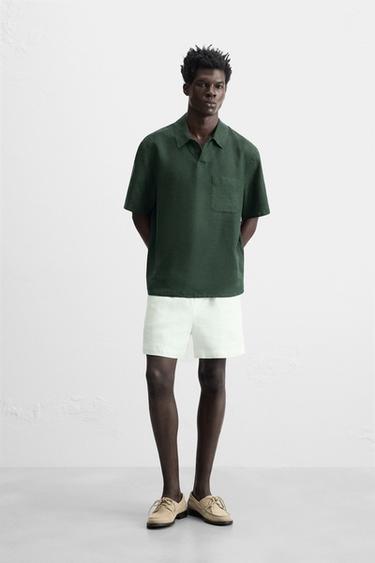 Zara 100% LINEN POLO SHIRT - Dark bottle green - Image 0