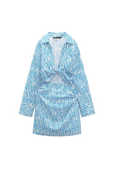 STRIPED LINEN BLEND DRESS WITH CUT-OUT DETAIL
