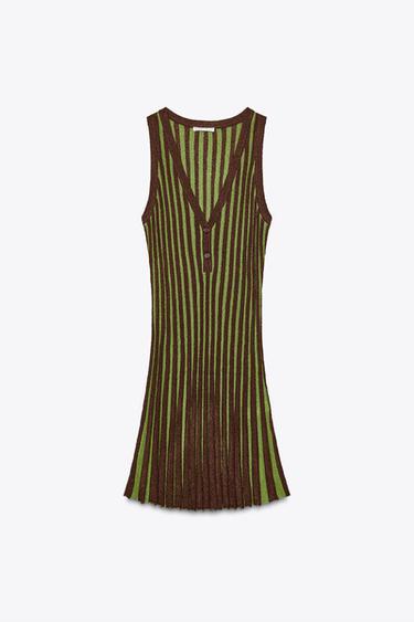 Zara STRIPED KNIT DRESS - Brown / Green