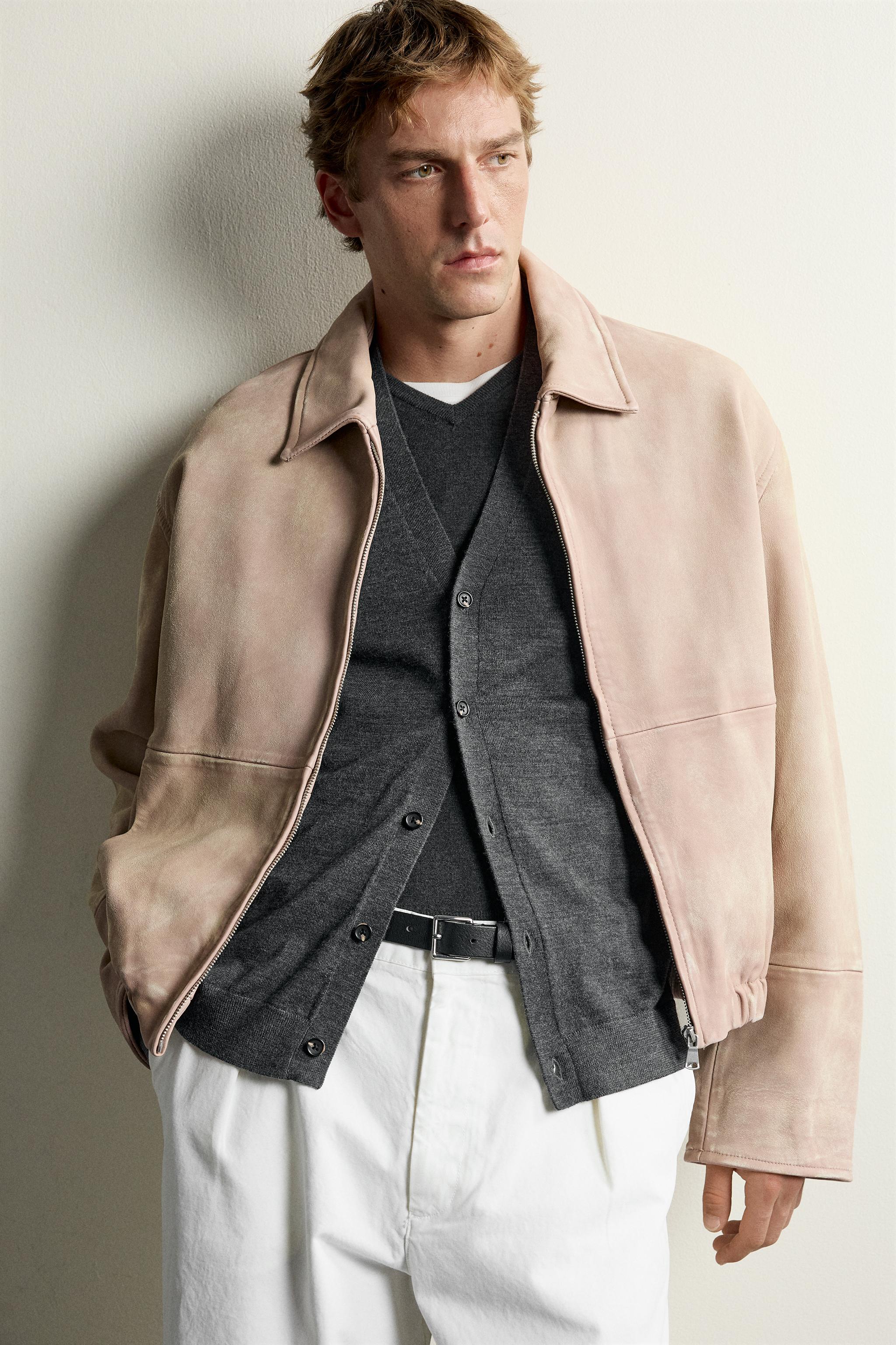 FADED-EFFECT LEATHER JACKET - Chalk pink | ZARA India