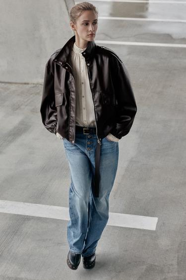 LEATHER EFFECT BOMBER JACKET - Dark brown by Zara