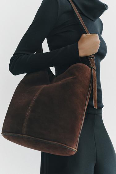 ASYMMETRIC SOFT SPLIT SUEDE BUCKET BAG - Brown by Zara - Image 0