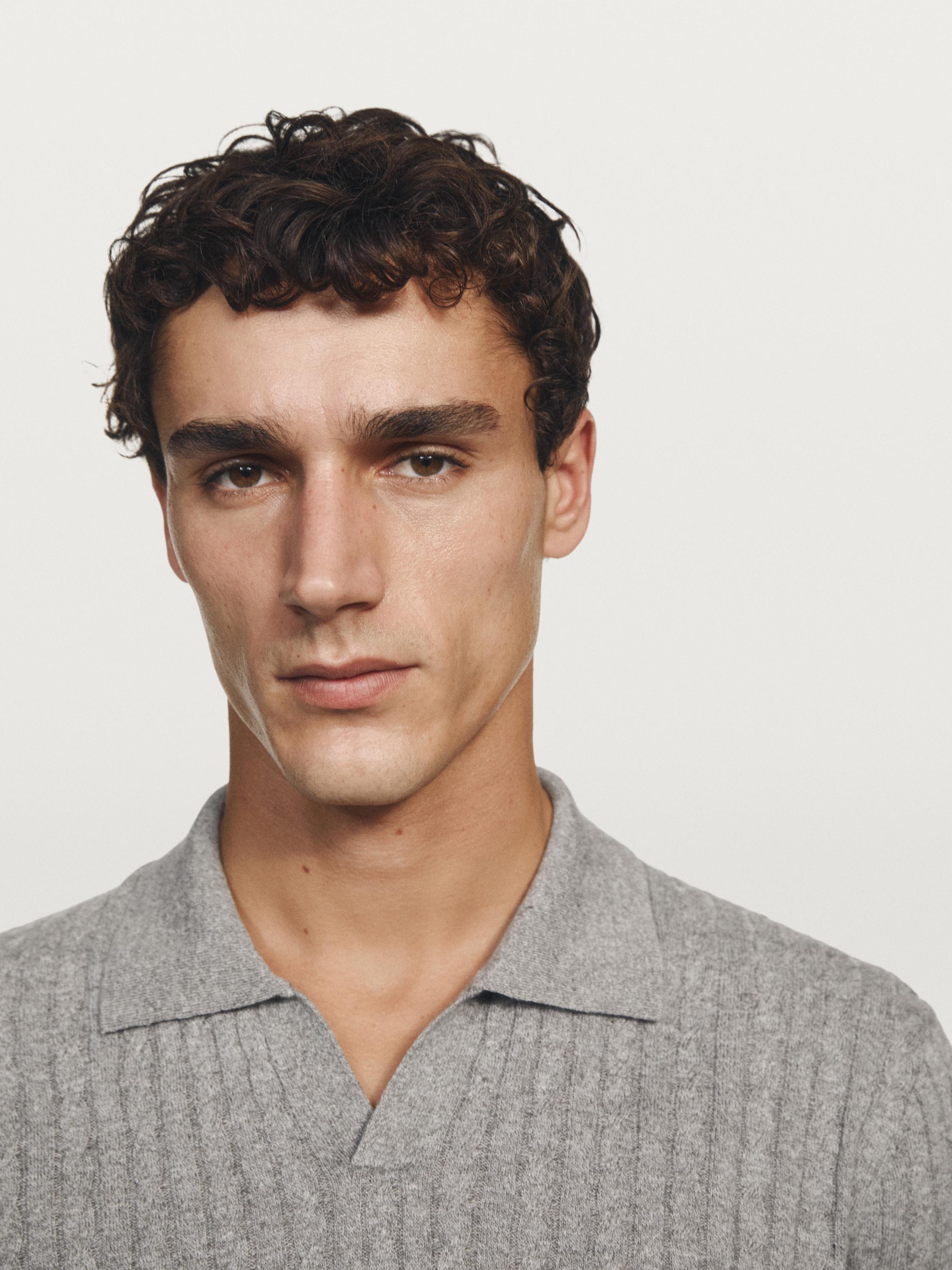 Pull polo en maille tressée lin et coton