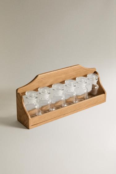 WOODEN SPICE RACK WITH GLASS JARS - Light brown by Zara