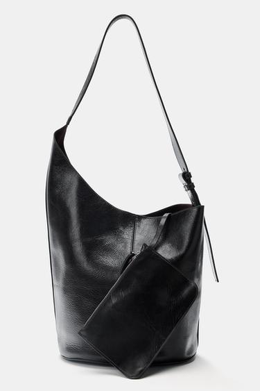 ASYMMETRIC LEATHER BUCKET BAG - Black by Zara