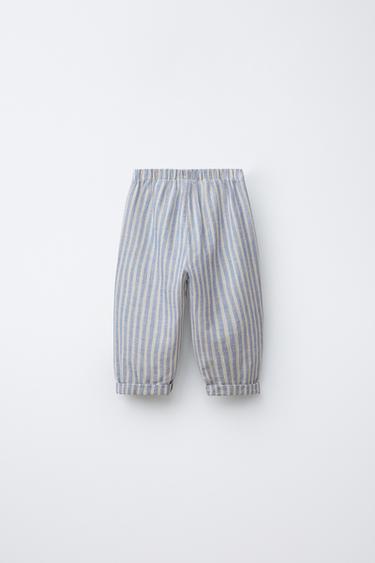 PANTALON À RAYURES EN LIN ET COTON - Bleu de Zara - Image 1