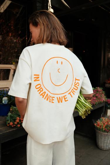 T-SHIRT MET KORTE MOUWEN EN TEKST - Ecru van Zara