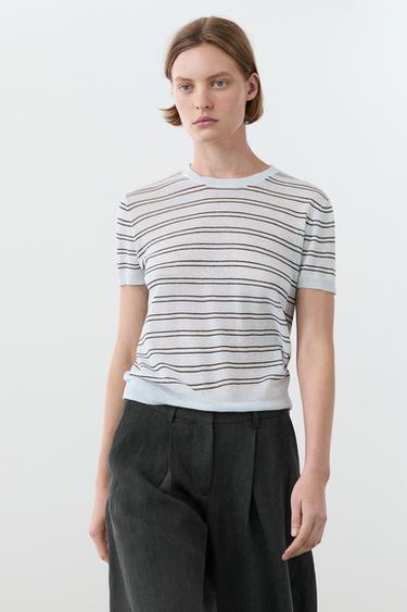 Zara Short sleeve sweater with striped detail - Pastel blue
