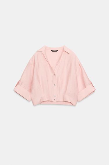 Zara CROPPED LINEN BLEND SHIRT - Beige-pink