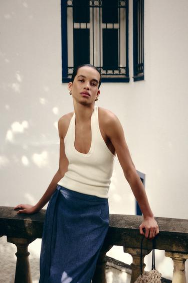 Zara HALTER KNIT TOP - Cream