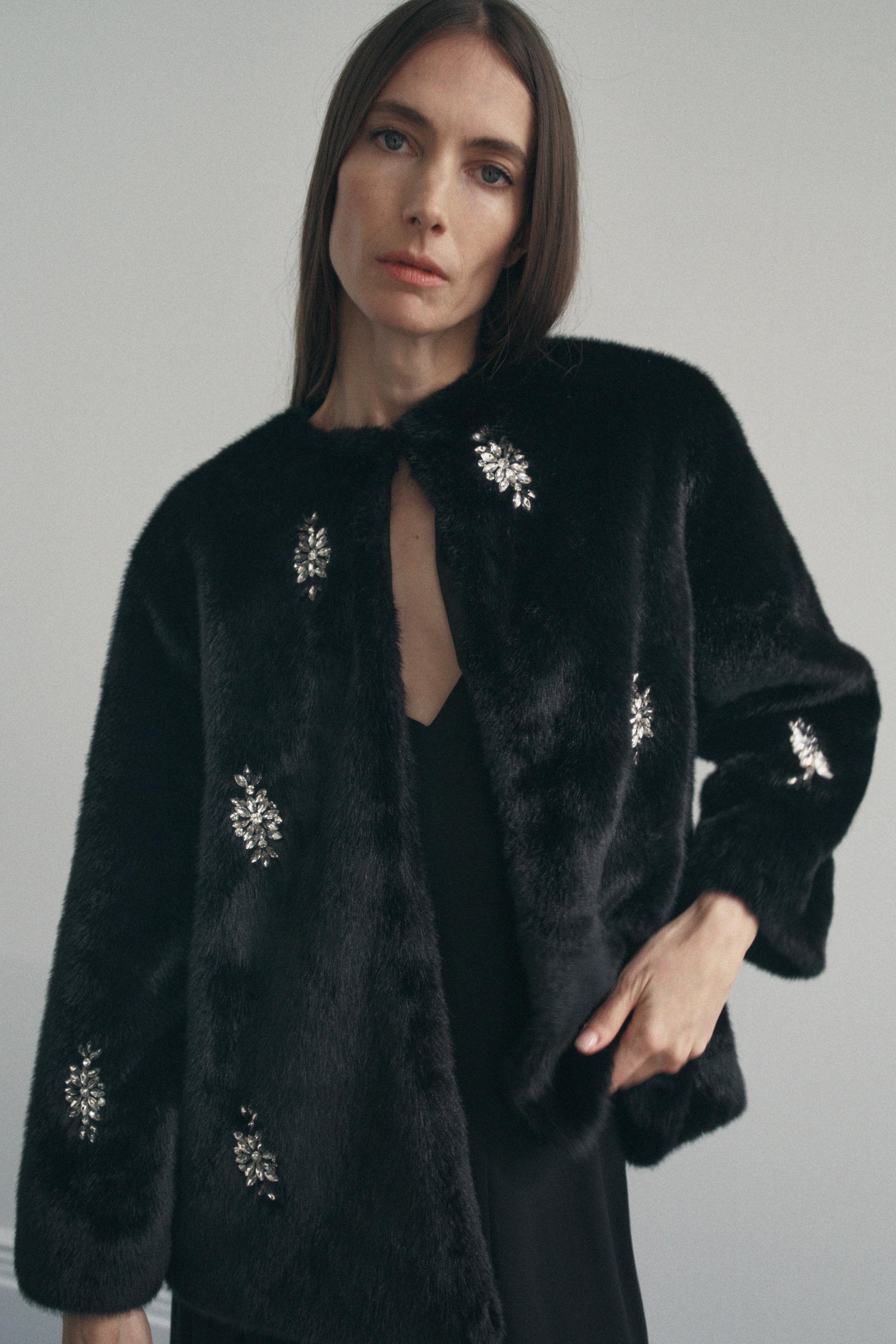 FAUX FUR COAT WITH JEWEL BEADING Black ZARA United Kingdom