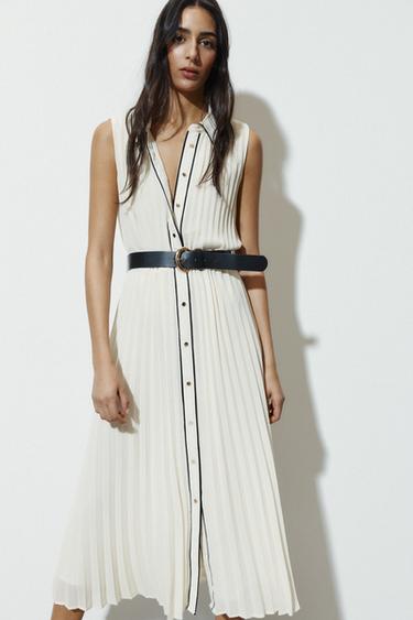 VESTIDO MIDI PLISADO CINTURÓN - Crudo de Zara