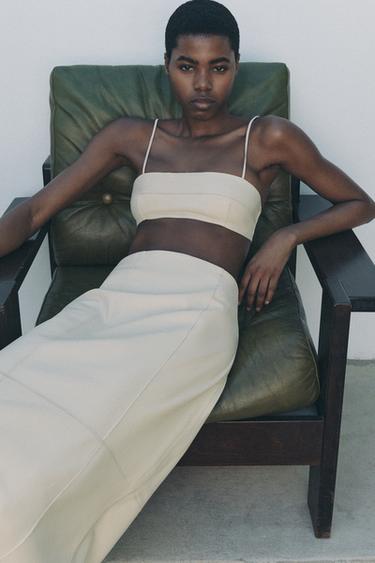 100% LEATHER MIDI SKIRT - Oyster-white by Zara - Image 0