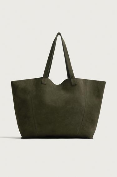 LEATHER TOTE BAG - Khaki Green by Zara