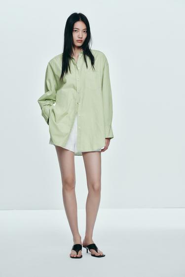 Zara 條紋府綢加大版襯衫 - 綠色/白色