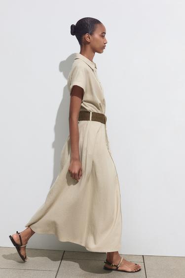 LINEN BLEND MIDI DRESS WITH BELT - Light beige by Zara - Image 2