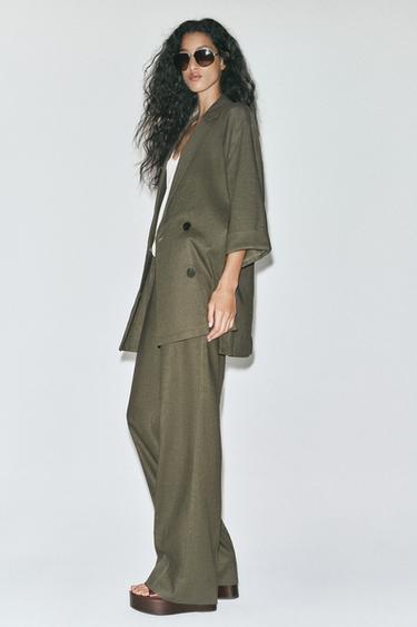 PANTALÓN ANCHO CON LINO - Khaki oscuro de Zara