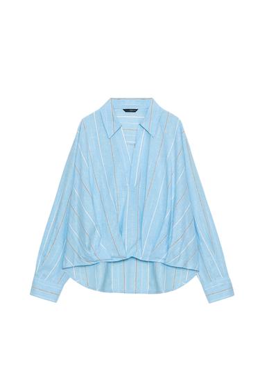 リネン混紡パフヘムシャツサンド/ブルーZaraのリネン混紡パフヘムシャツ - サンド/ブルー 