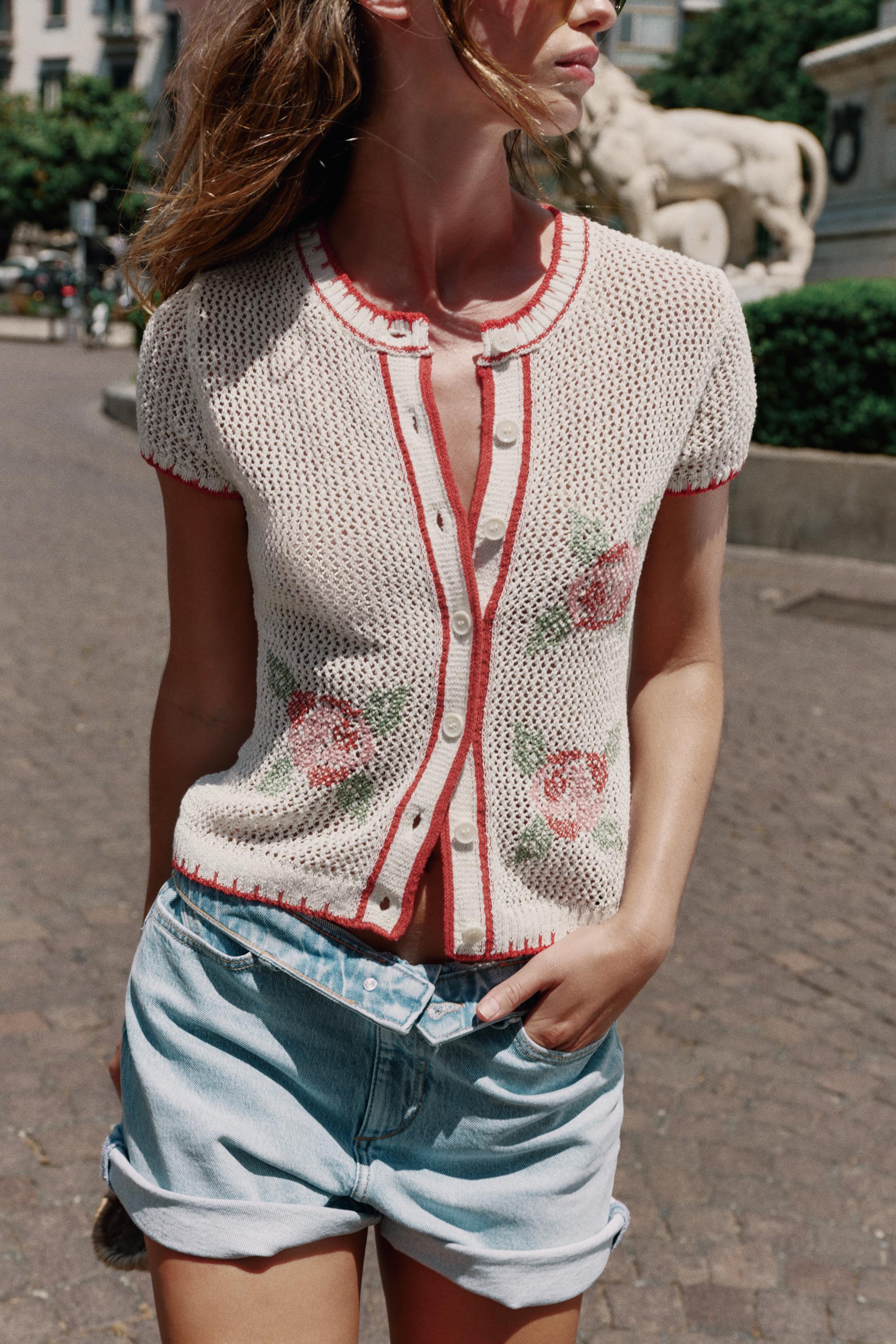 フラワー刺繍ニットカーディガン - エクリュ | ZARA Japan / 日本