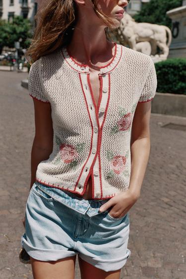 CARDIGAN WITH EMBROIDERED FLOWERS - Ecru by Zara - Image 1
