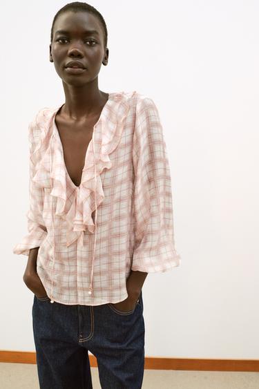 RUFFLED CHECK BLOUSE - Pinks by Zara