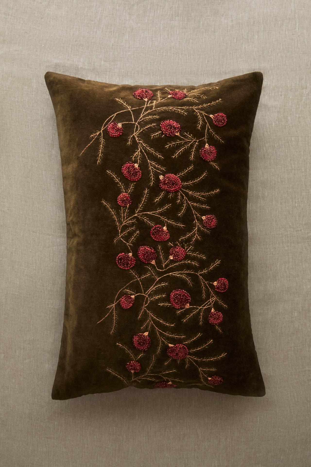 VELVET EMBROIDERED THROW PILLOW COVER — Khaki