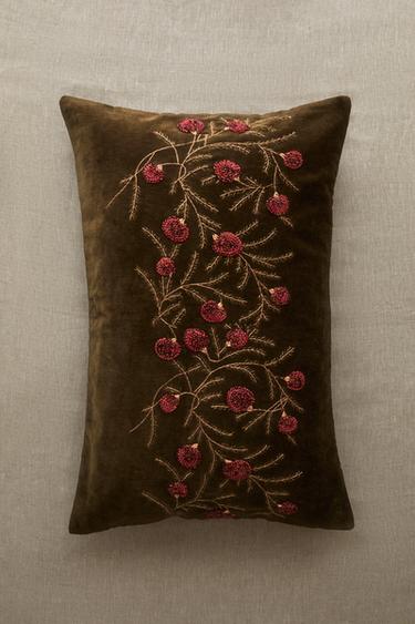 VELVET EMBROIDERED THROW PILLOW COVER — Khaki 1