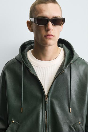 HOODED LEATHER EFFECT JACKET - Green by Zara - Image 4