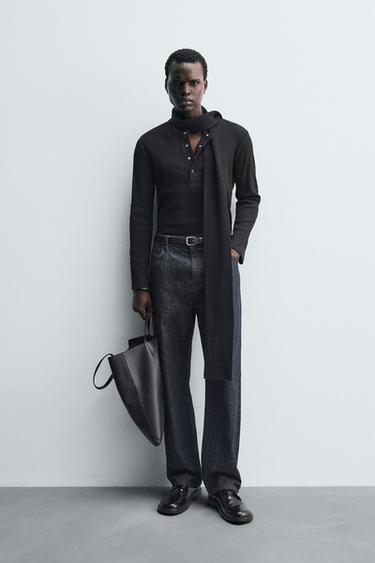 Zara TEXTURED BUTTONED COLLAR T-SHIRT - Black