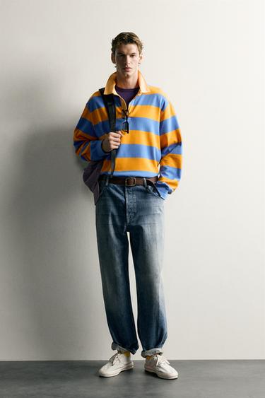 Zara 撞色領條紋標準版型 POLO 衫 - 橙色