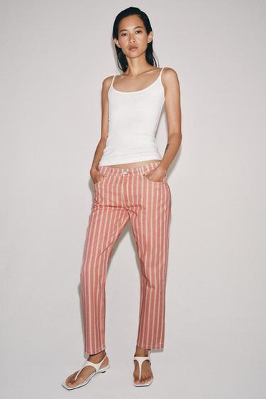 ZW COLLECTION STRIPED MID-WAIST SLIM FIT JEANS - Coral by Zara
