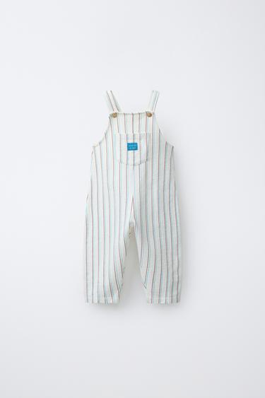 Zara LONG STRIPED OVERALLS - Ecru / Blue - Image 0