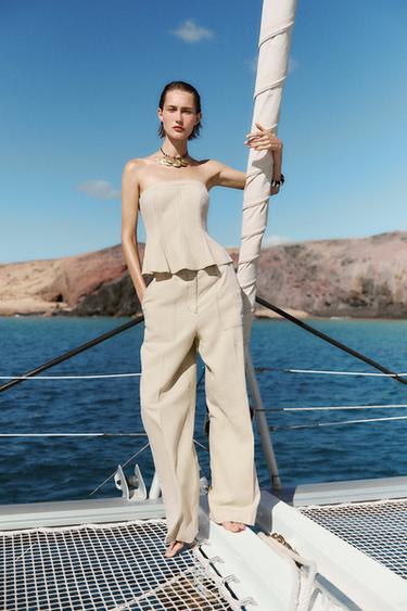LINEN BLEND TOP WITH CONTRAST STITCHING - Light beige by Zara - Image 0