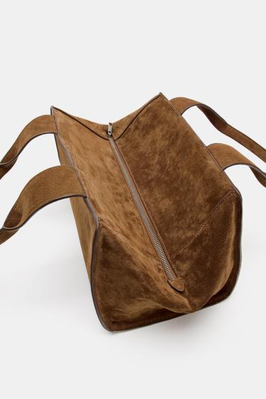 LEATHER SPLIT SUEDE DOUBLE HANDLE BAG - Cognac Brown by Zara - Image 5