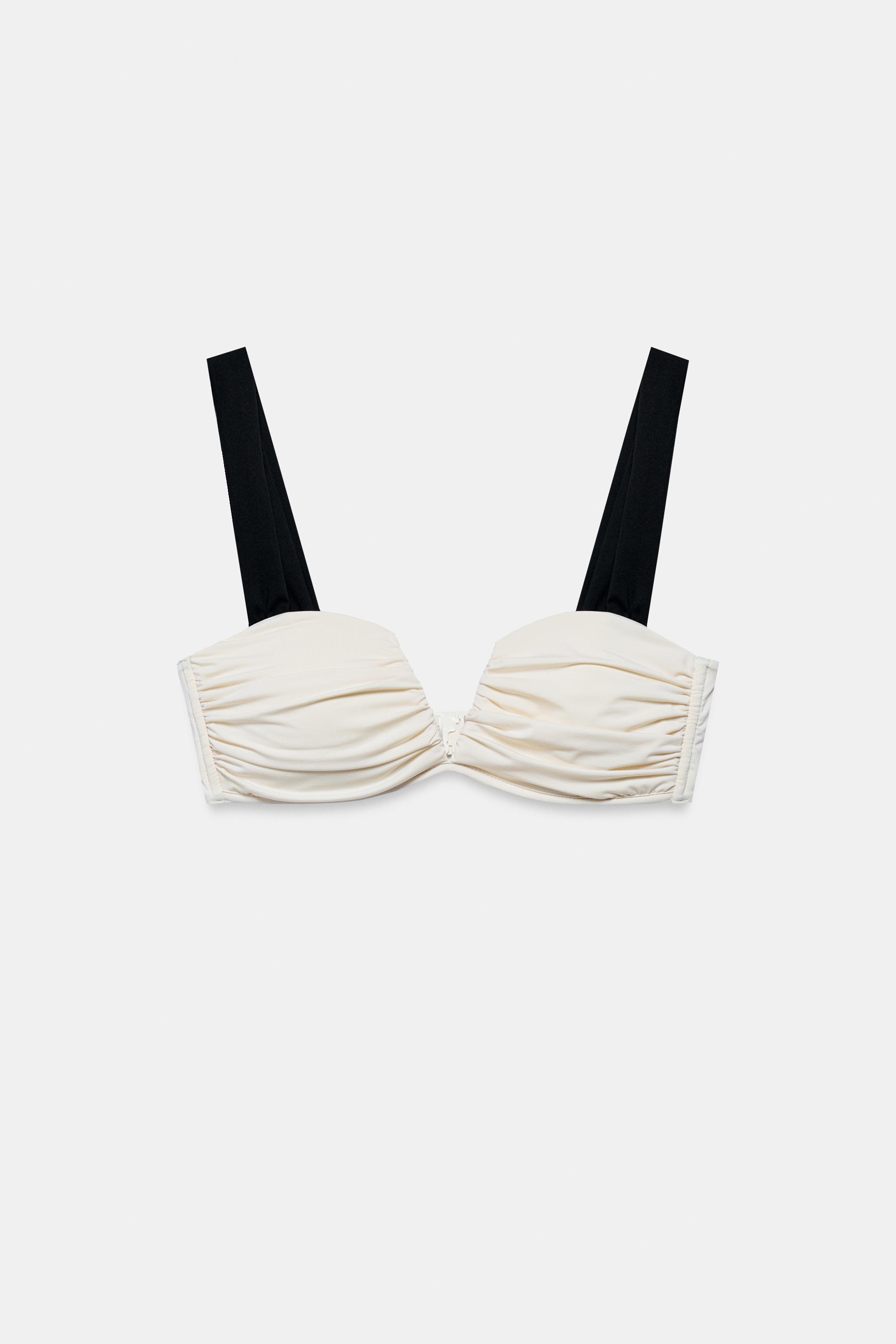 CONTRAST PLEATED BIKINI TOP — Ecru