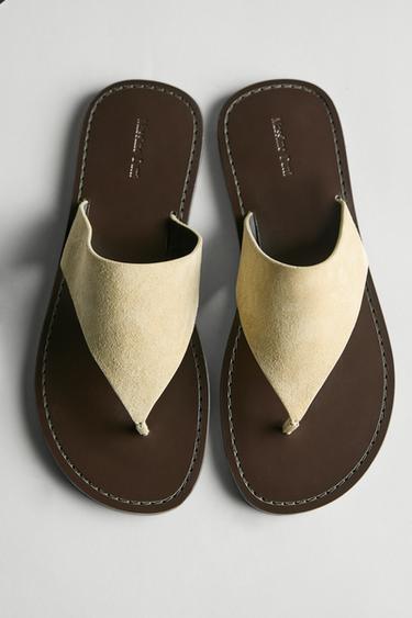 Sandale à orteils en cuir et croûte de cuir - Jaune vanille de Zara - Image 0