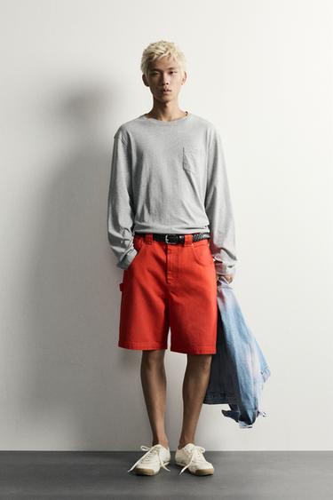 BERMUDA RELAXED FIT ALGODÓN - Blanco / Rojo de Zara