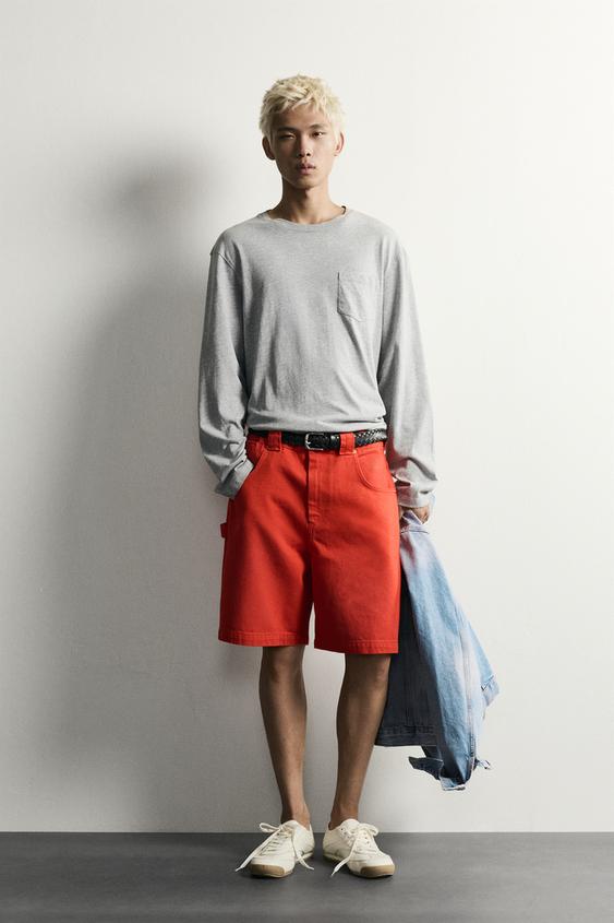 BERMUDA COUPE DÉCONTRACTÉE EN COTON - Blanc / Rouge de Zara - Image 0