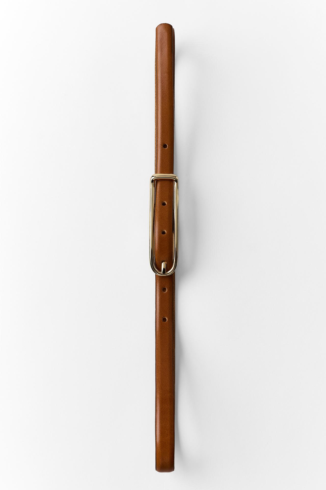 100% LEATHER SKINNY BELT — camel