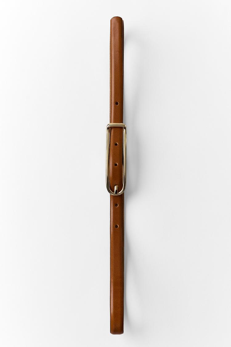 100% LEATHER SKINNY BELT — camel