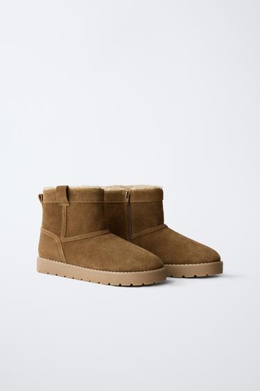 LEATHER ANKLE BOOTS WITH FAUX SHEARLING - Brown by Zara