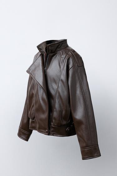 DOUBLE-BREASTED FAUX LEATHER JACKET — Brown 2