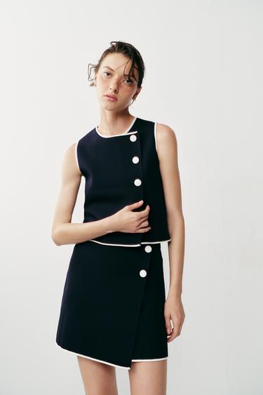 CONTRAST BUTTON KNIT TOP - Navy / White by Zara