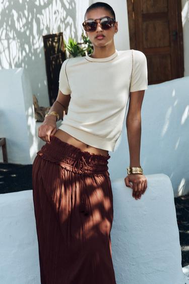 SHORT SLEEVE KNIT TOP WITH PIPING - Ecru by Zara