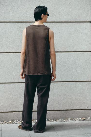 100% LINEN VEST TOP - Brown by Zara
