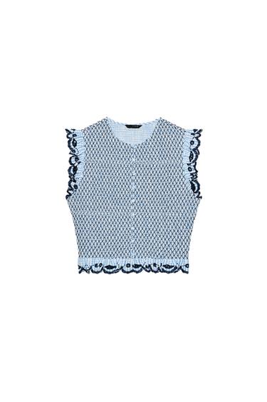 Zara PLAID SMOCKED TOP - Blue / White